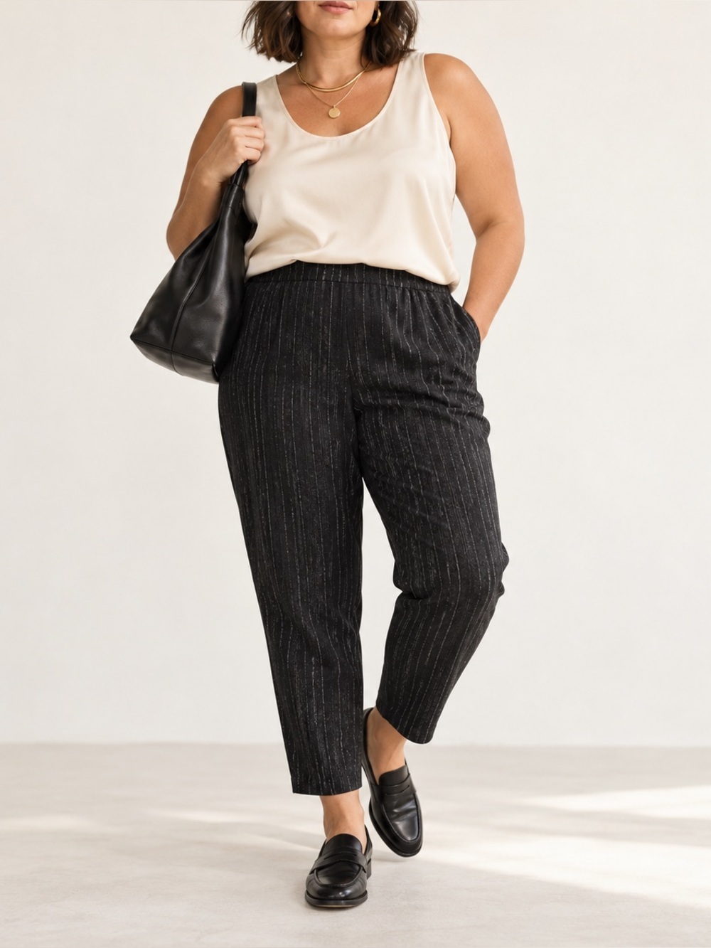 Wool Tapered Ankle Pants Eileen Fisher Broken Stripe Minimalist Trouser XL